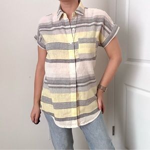 Linen/Cotton Blend Button Front Variegated Stripe Button Front Shirt